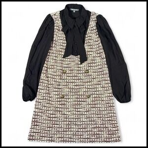 Julia‎ Jordan Long Sleeve Mixed Media Pinafore Tweed Dress Twee Academia Black 6